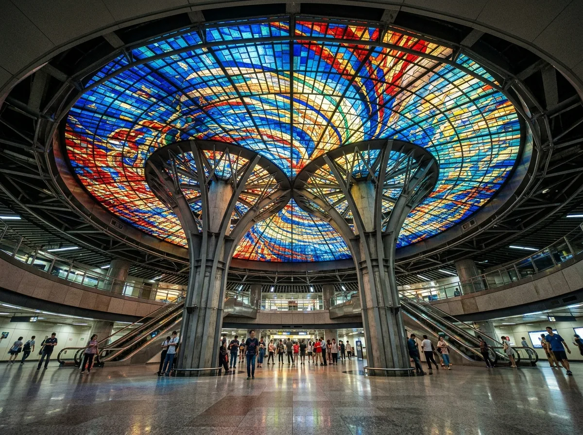 Underground Rotunda with Stained Glass Dome: Double Columns Opening Up and Light-Shadow Floor