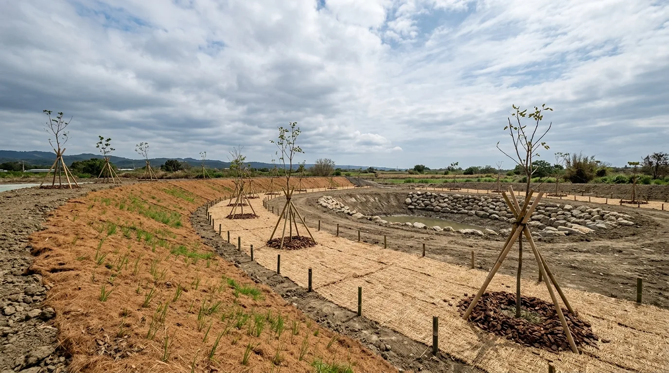 Ecological Landscape · Just Completed: Bamboo Piles, Straw Mats, and Seedlings