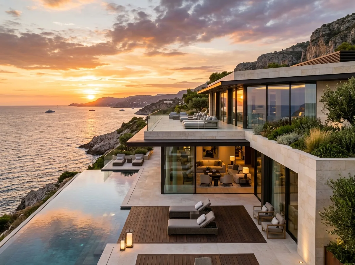 Ocean View Panoramic Terrace: Ivory White Stone & Infinity Reflecting Pool