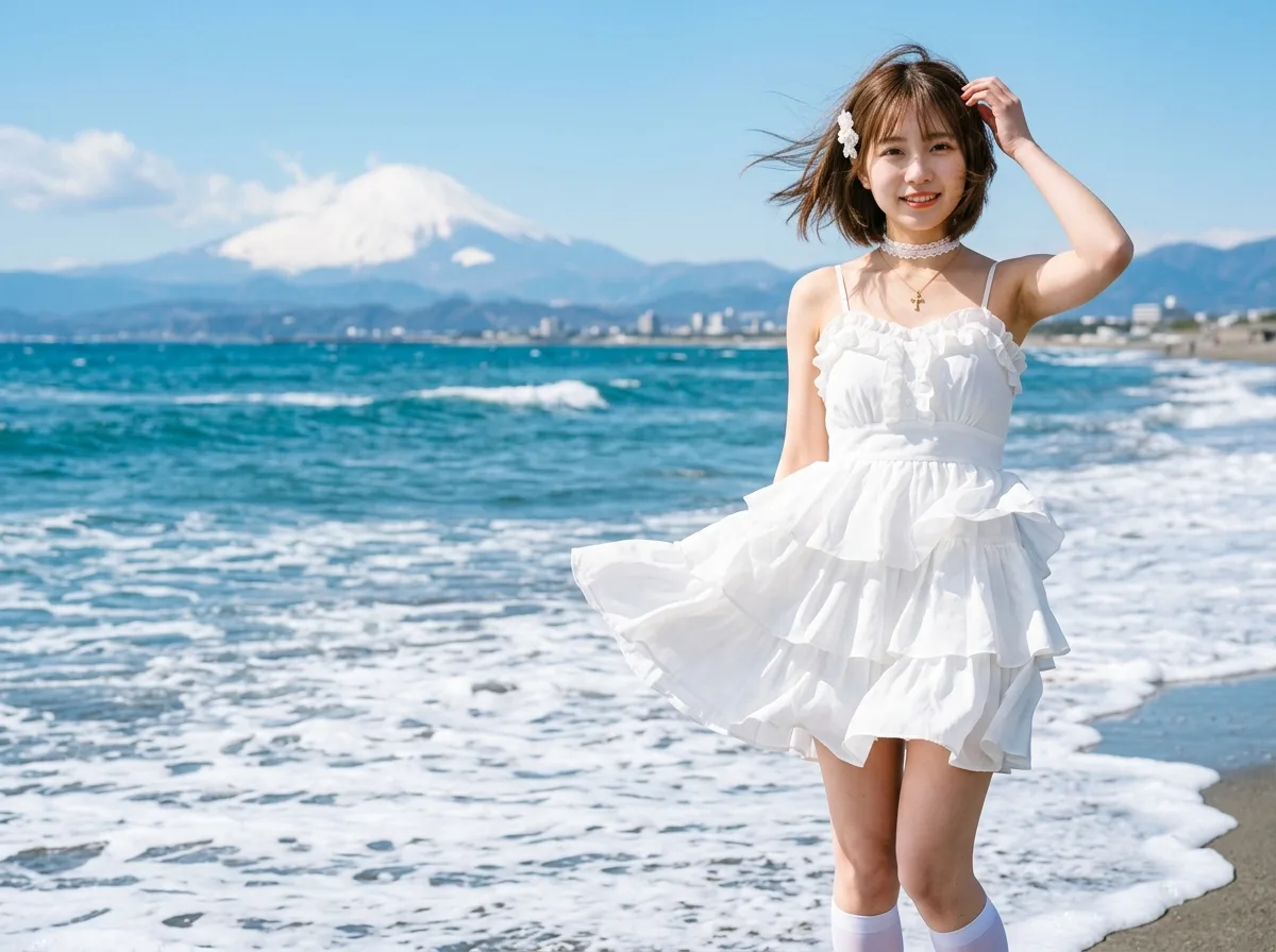 Sea Breeze White Ruffle Dress: Snow-Capped Mountain View and Flowing Skirt
