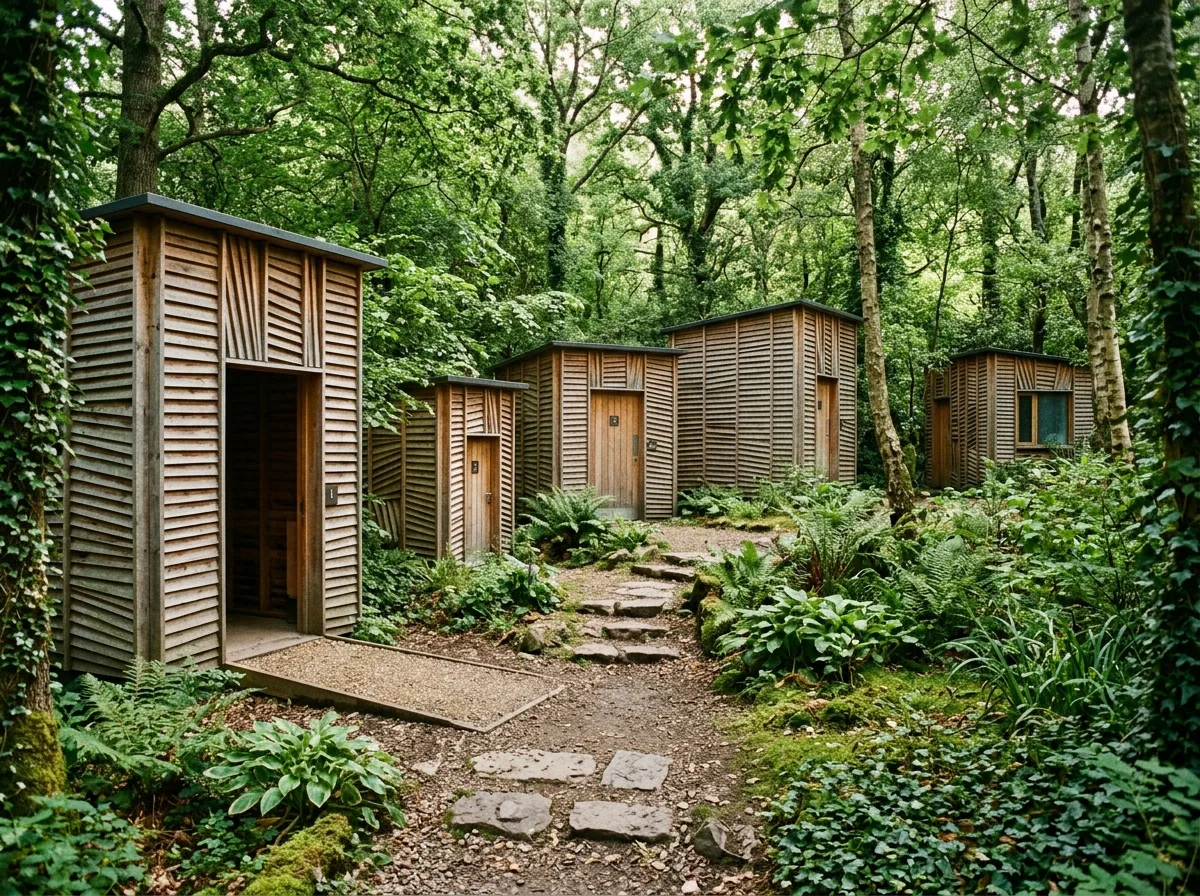 Cluster of Cabins in the Forest: A Village of Public Toilets with Cedar Louvers