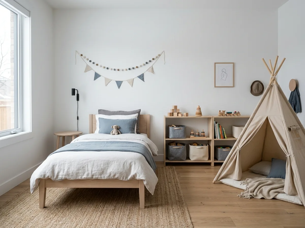 Nordic Style Children's Room: Light Wood Furniture and Tent Corner