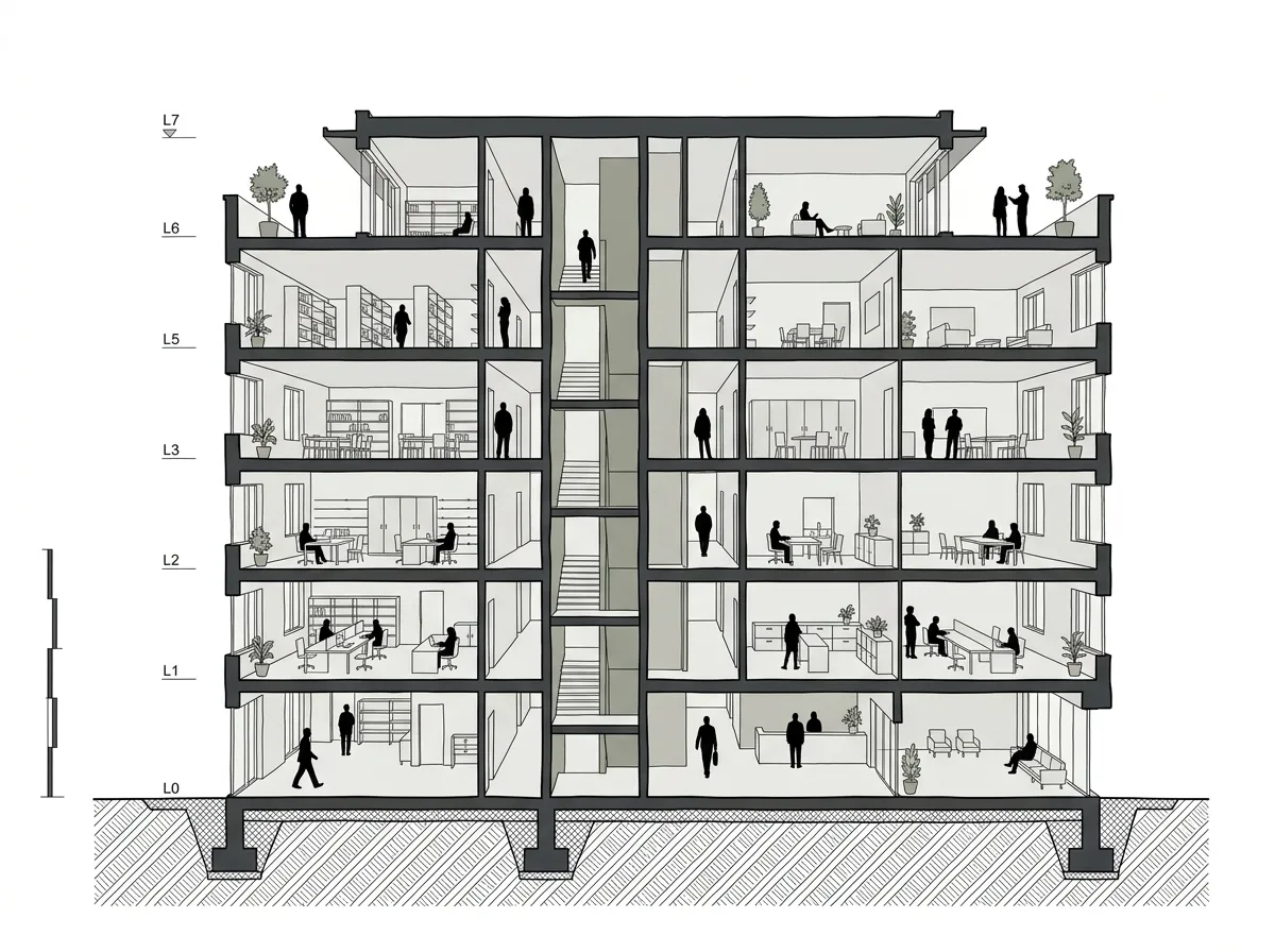 断面パース：切断された建築と内部の生活
