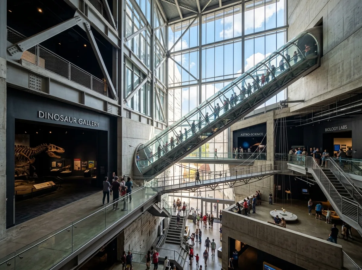 Science Museum Interior: Immersive Exhibition Halls and Exposed Circulation Paths