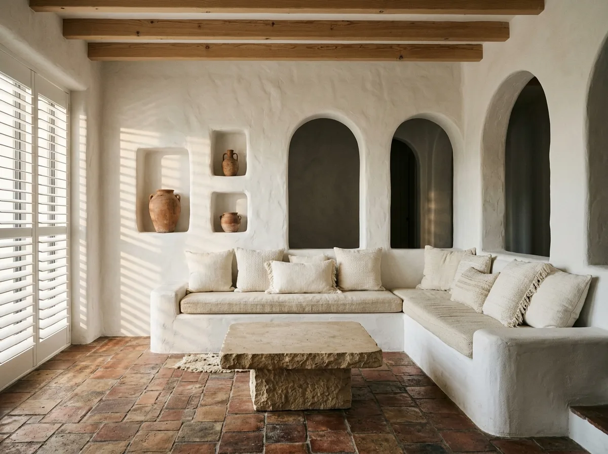 Modern Mediterranean • Living Room: Built-in Seating and Arches
