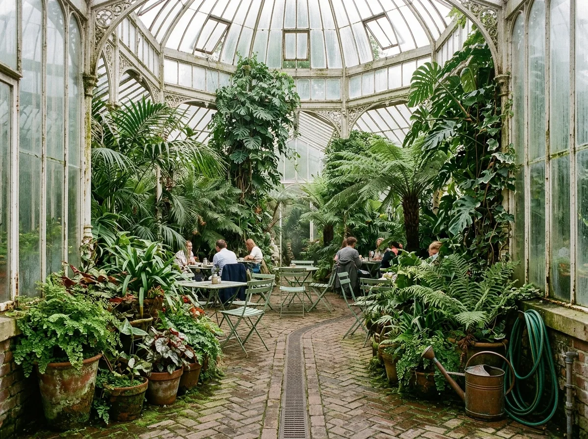 Greenhouse Restaurant: Glass House, Planting, and Humid Light