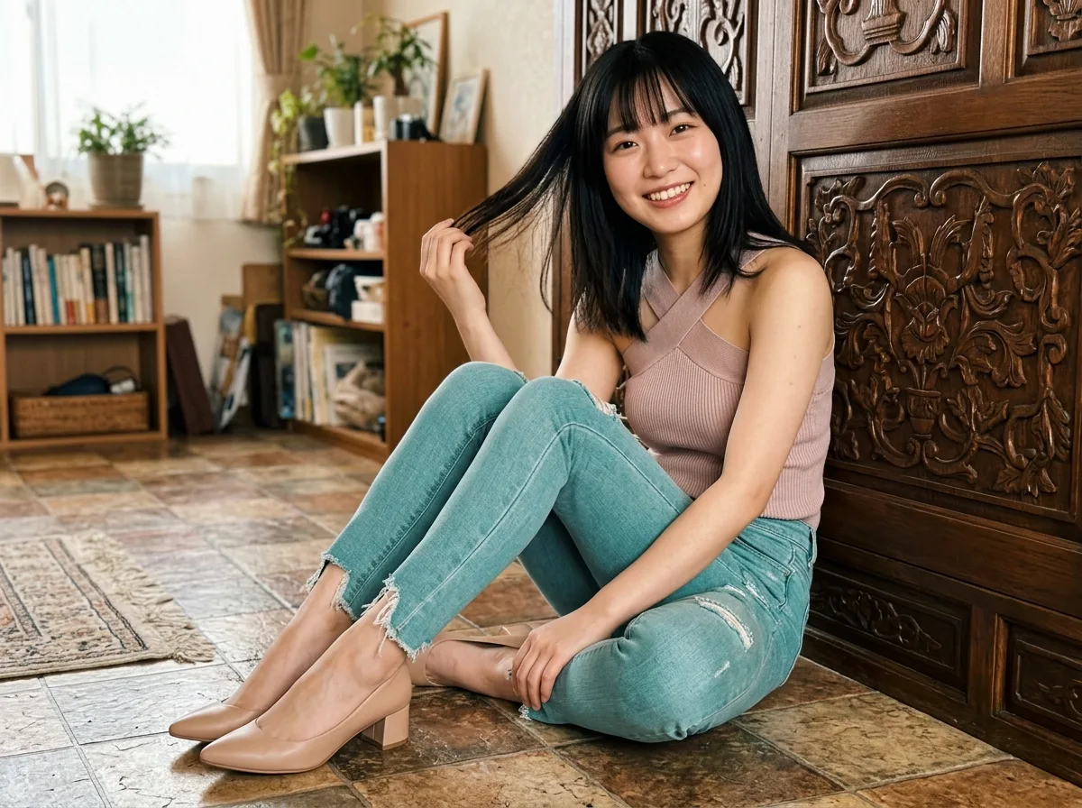 Criss-cross Strap Knit Top: Floor Selfie in Front of Carved Wooden Wall