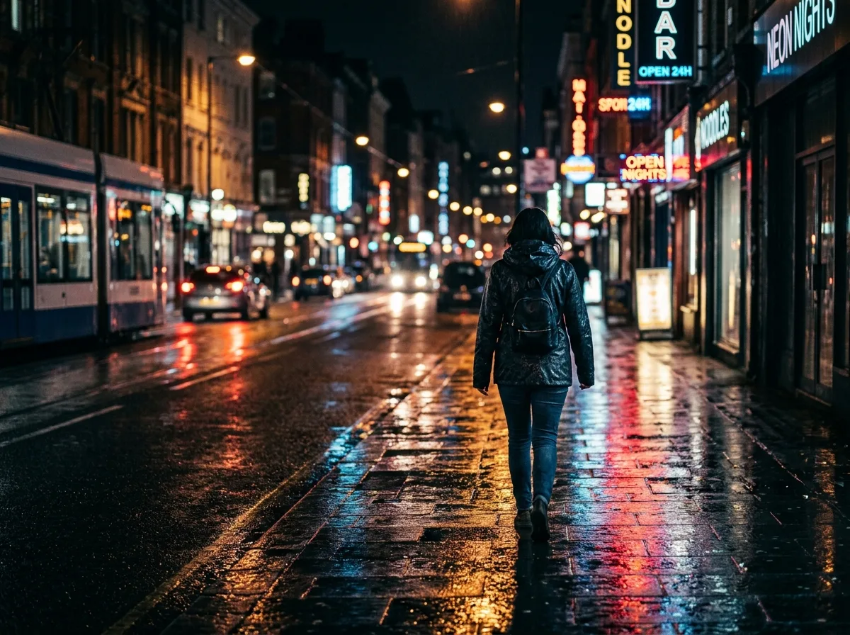 都会夜雨霓虹影