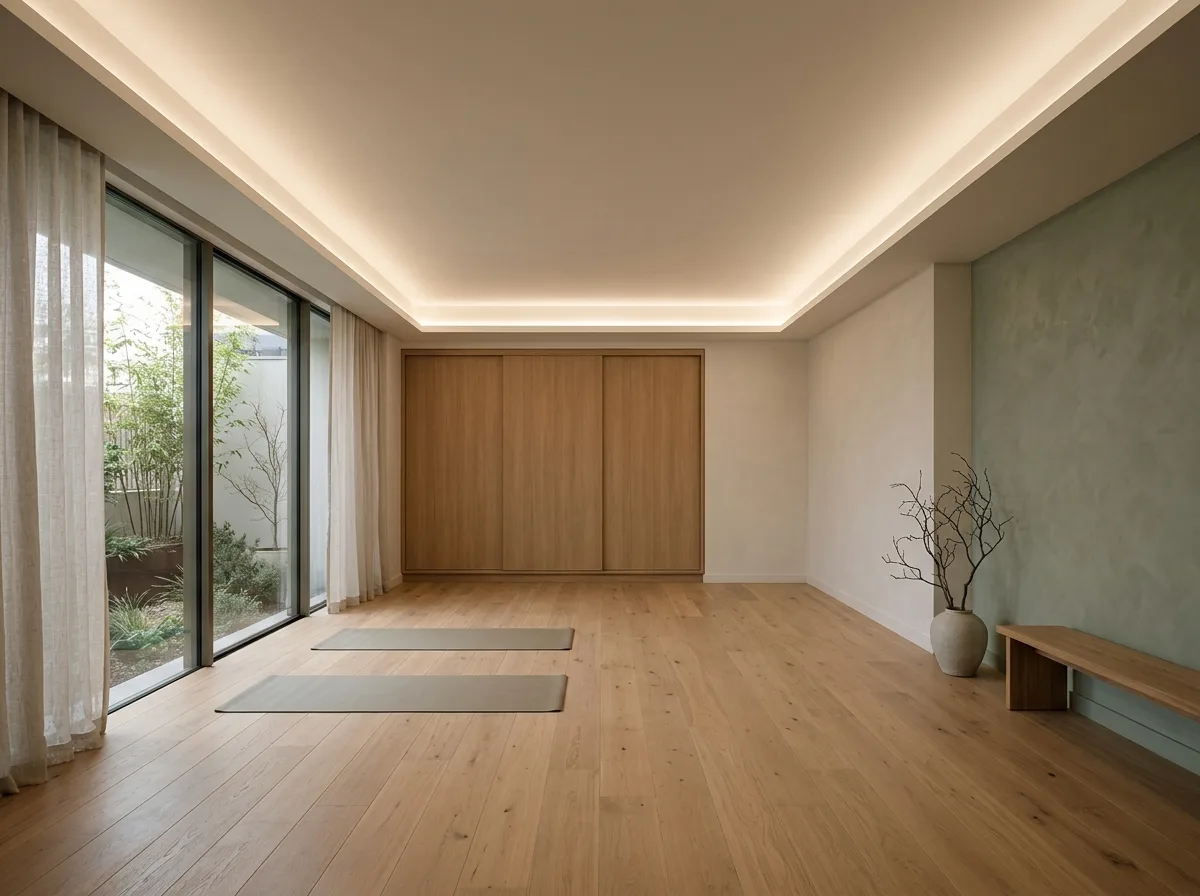 Community Yoga Studio: Wooden Floors, Soft Light, and White Space