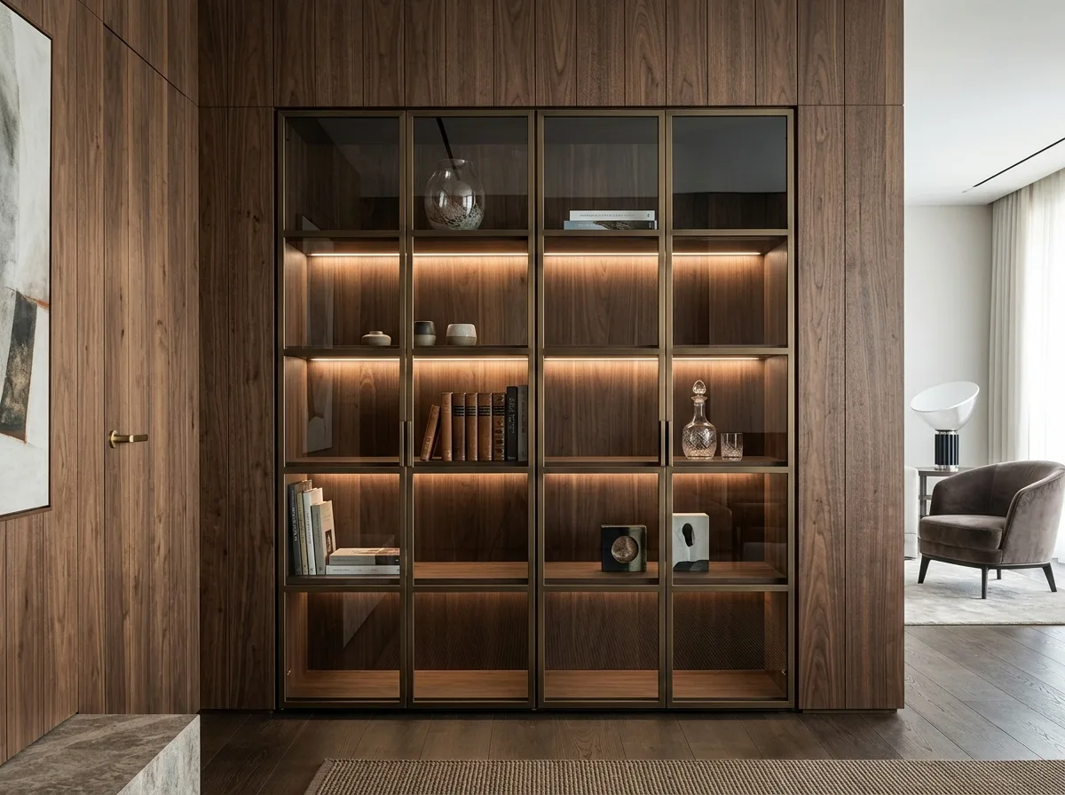 Metal-framed glass cabinet: visible storage