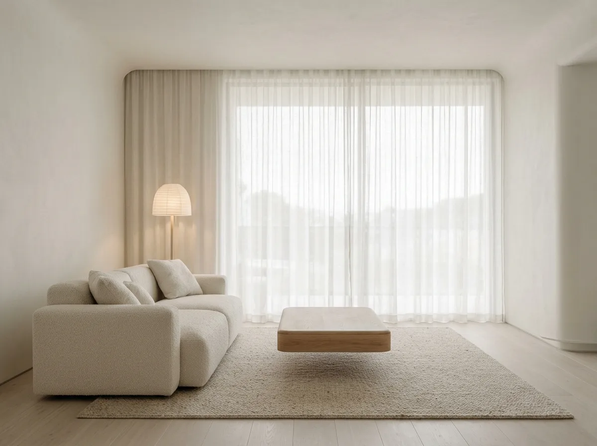 Soft minimalism • Living area: three pieces of furniture and a piece of gauze