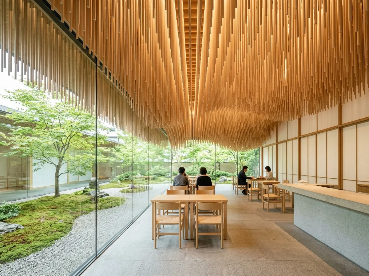 木造美術館カフェ：浮遊するルーバーと中庭