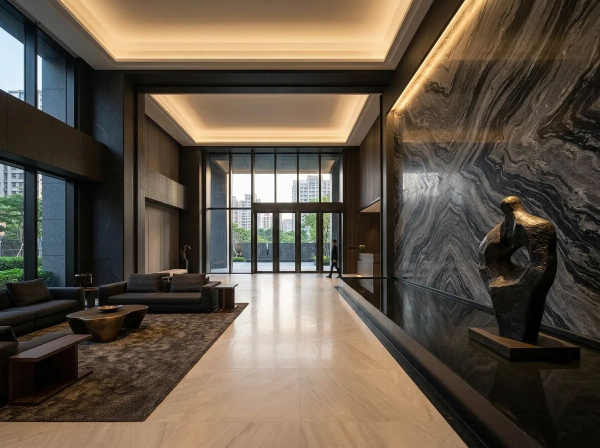 Double-Height Foyer: Stone, Water, and a Single Artwork