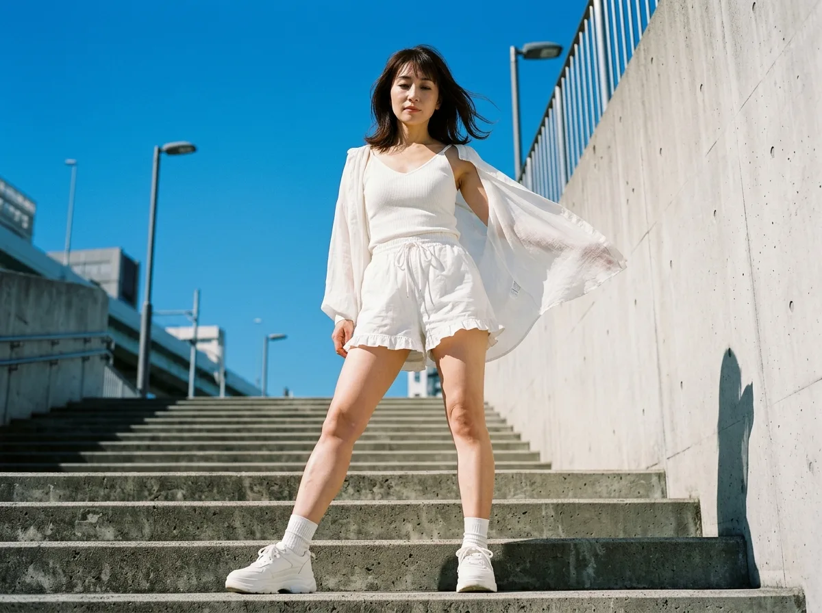 コンクリートの階段：白の装いの仰角ファッションポートレート