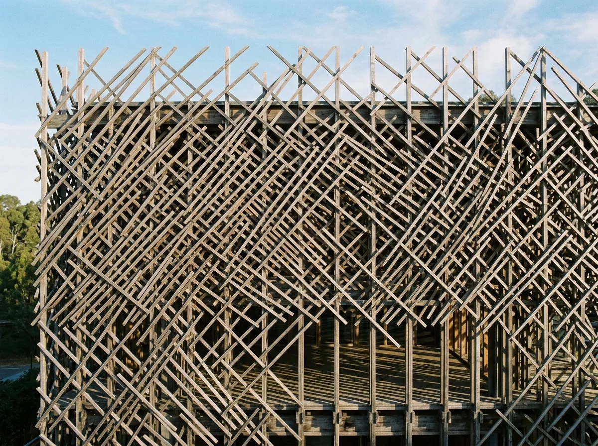 Kengo Kuma | Wooden Grille Enclosure: Deconstructing Volume with Slender Wood Strips