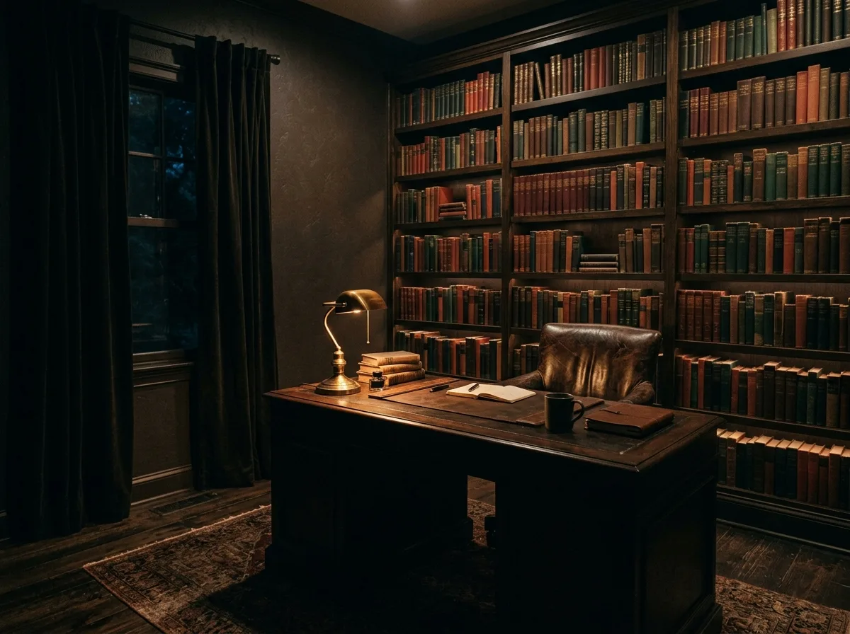 Dark style study: the green glass desk lamp kind