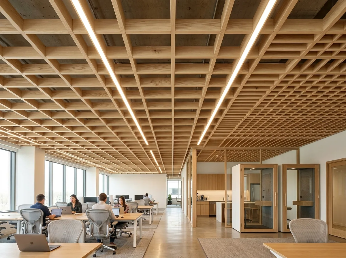 Wooden Grille Light Fixture: A Sparse Grid on the Ceiling