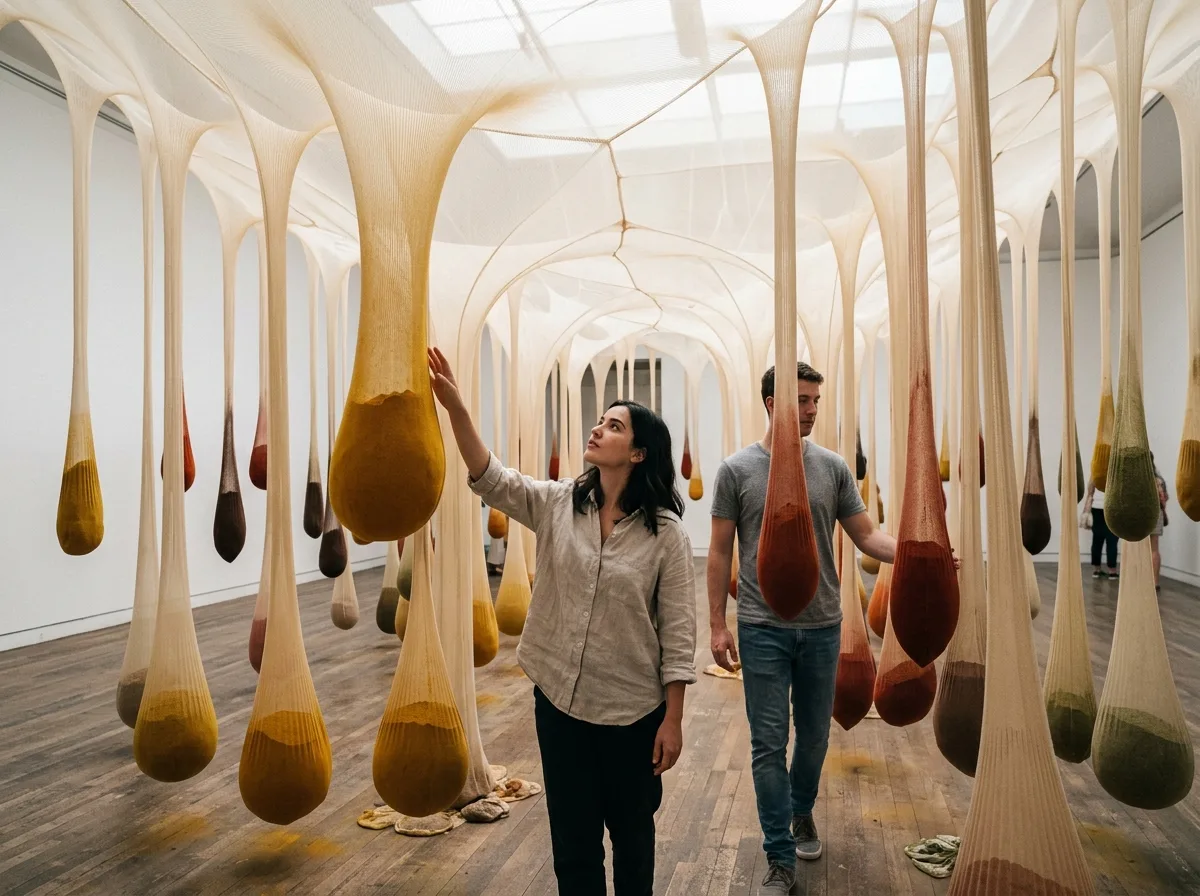 Hanging Soft Membrane: Translucent Fabric Adorned with Spices