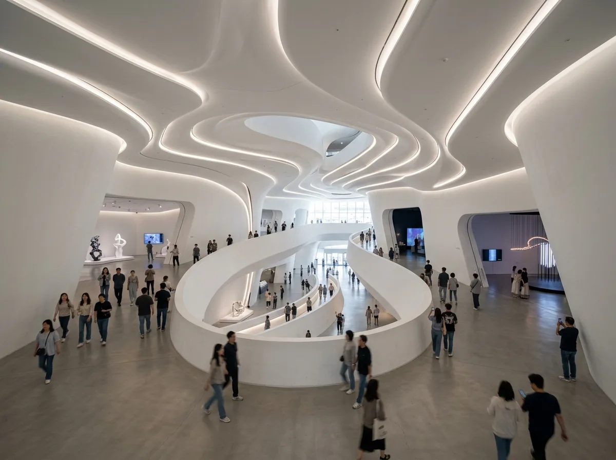 連続するフローの展示ホール: コーナーのないインテリア
