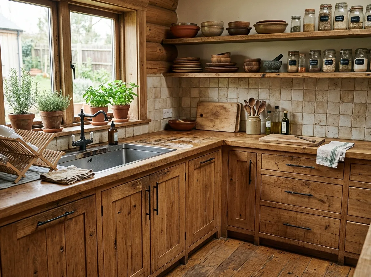 Solid Wood Style Kitchen: Solid Wood Cabinets and Handmade Pottery