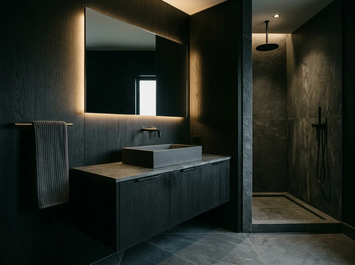 Dark Wood Interior - Bathroom: Wood and Near-Black Stone