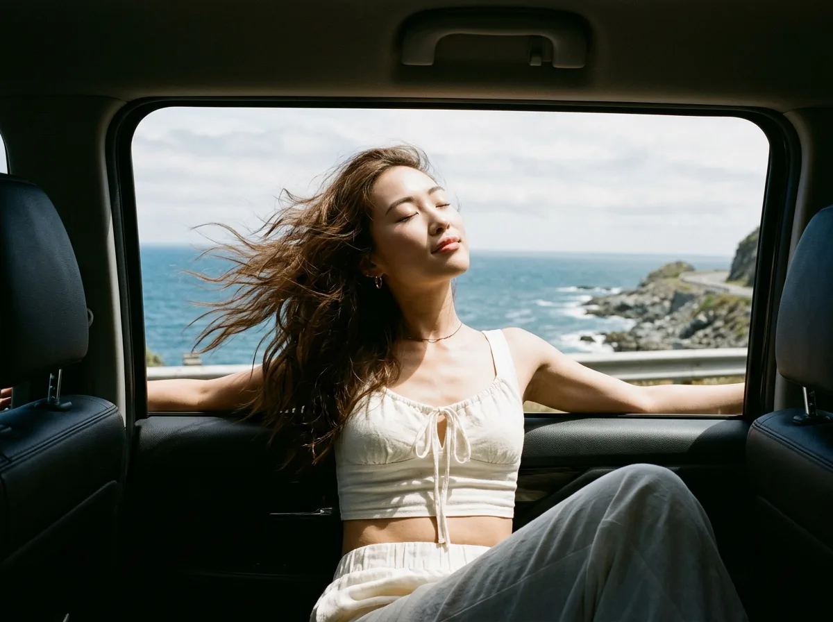 Car window bathed in sea breeze • Using the window frame as a picture frame