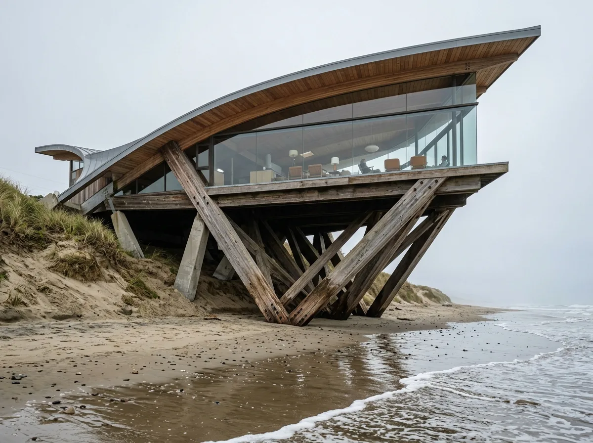 Braced Wooden House on Coastal Dunes: Slanted Pillars Facing the Pacific