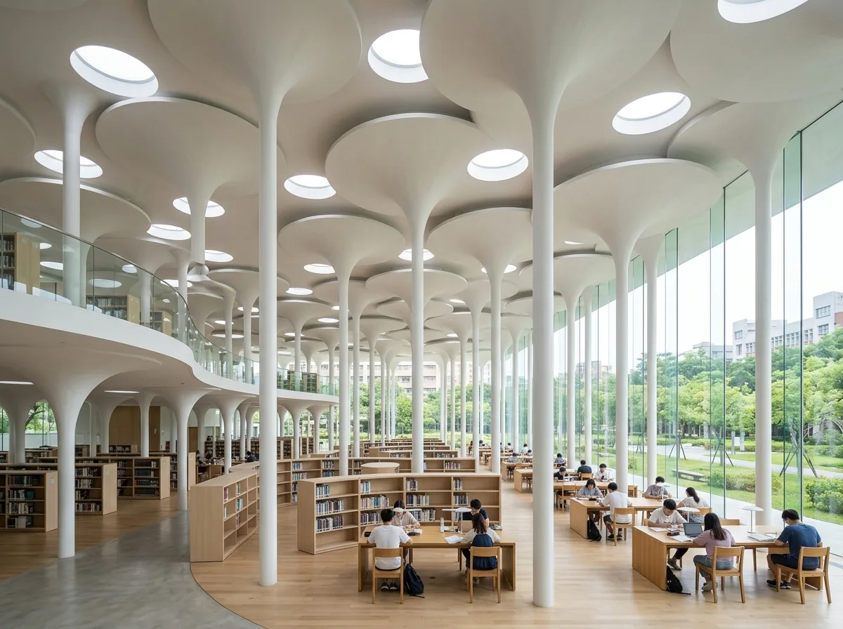 Library of White Tree-like Columns: Circular Canopy Skylight and Open-Plan Reading Room