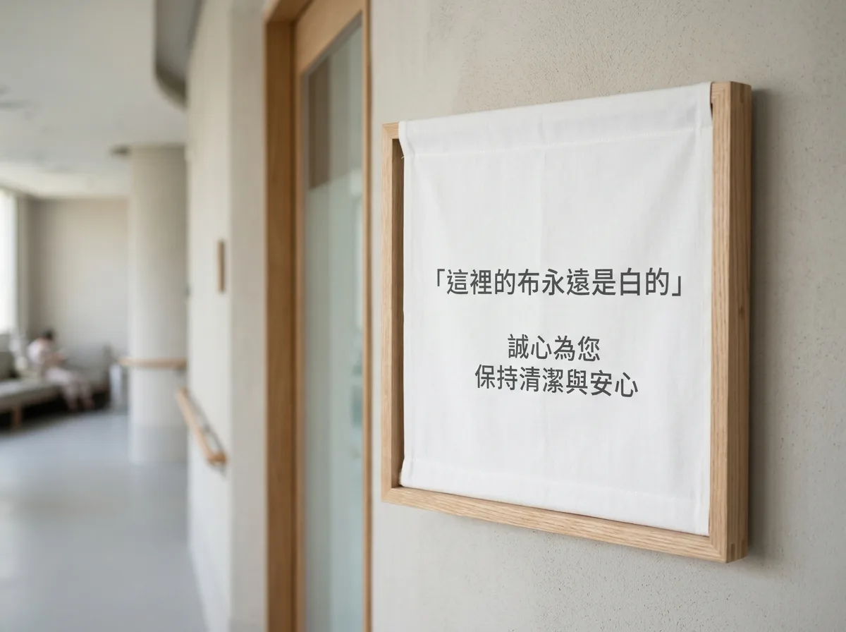 梅田医院标识：白棉布上的文字与“保持清洁”的信息