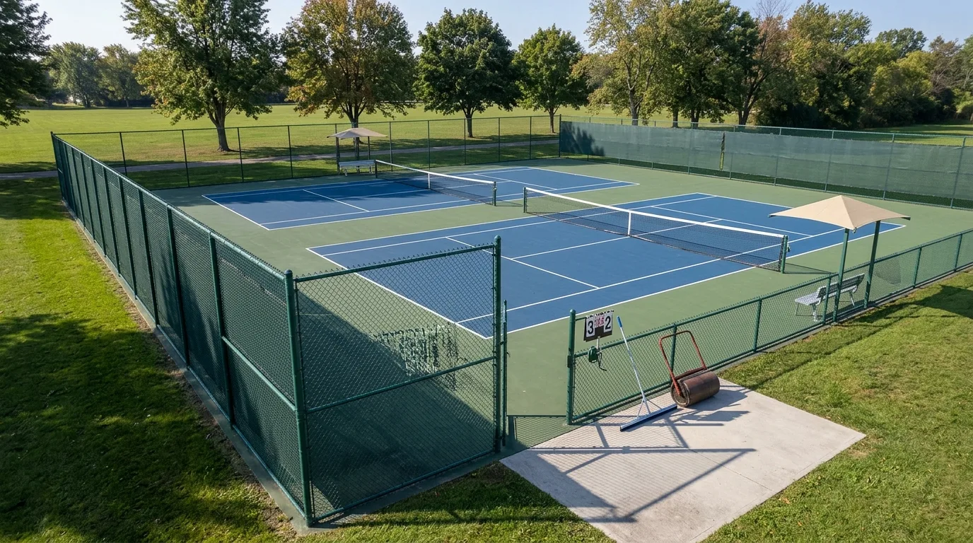 Tennis Court: Layers of Hard Surface and Windbreak Net
