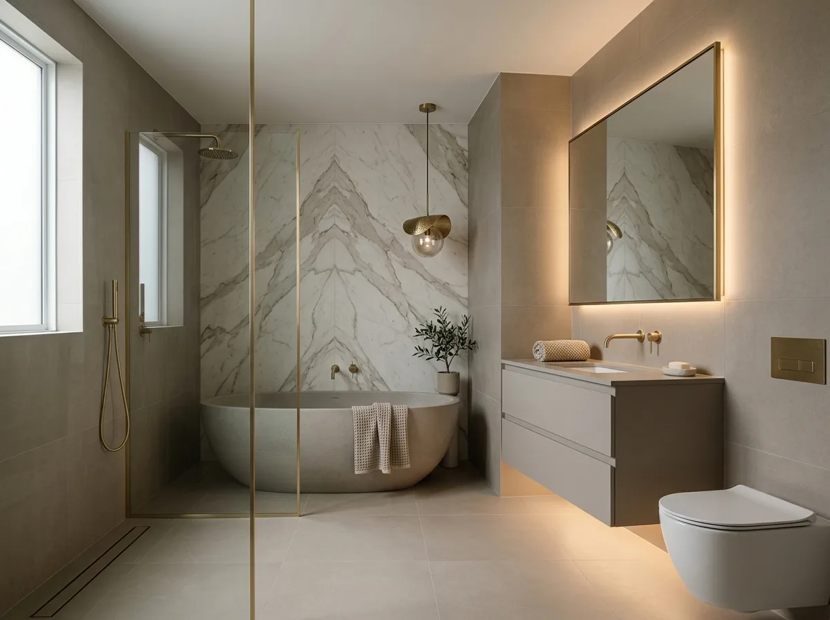 Light Luxury Bathroom: Stone Slabs & Indirect Lighting