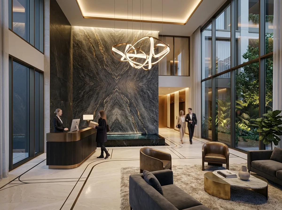 Lobby Scene: High Ceiling, Stone, and the Arrival of Visitors