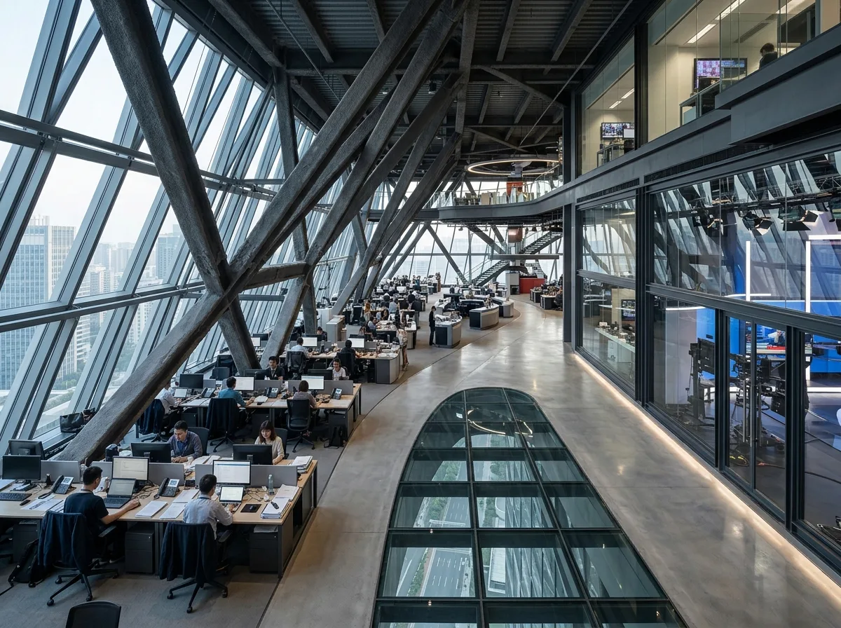 Media Headquarters Interior: Continuous Loop Studio & Skybridge