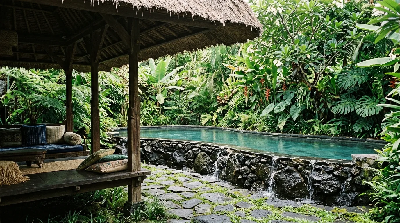 バリ風：茅葺き屋根のパビリオン、黒石、熱帯の緑