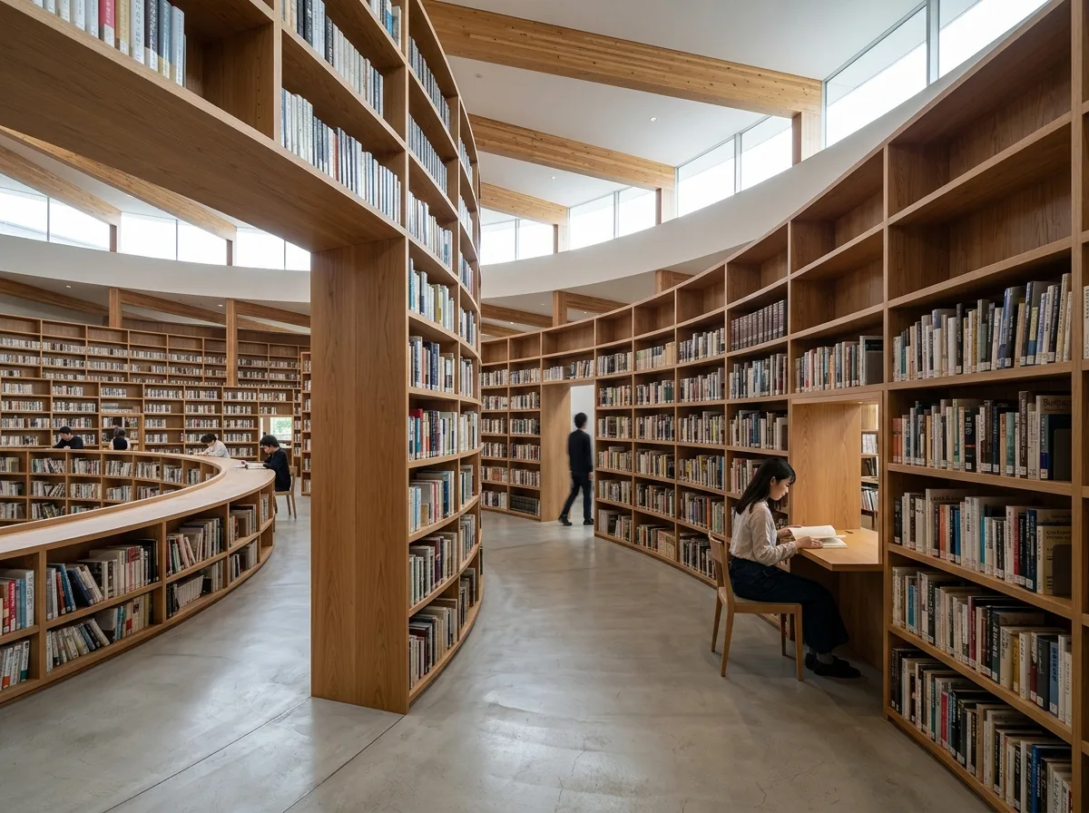 Library Interior Defined by Curved Bookshelves: Circulation Composed of Books