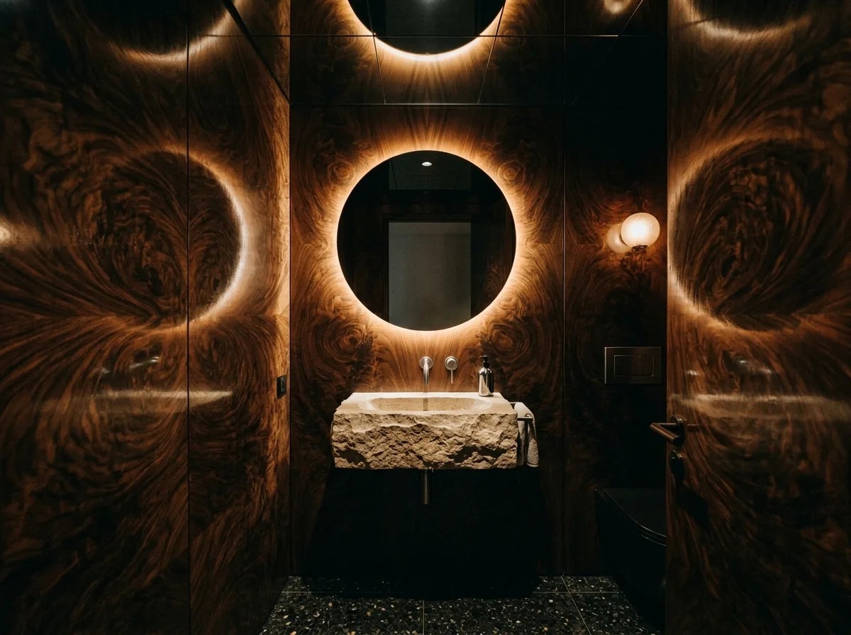 Modern Retro Luxury · Guest Powder Room: Burl Wood in Small Spaces