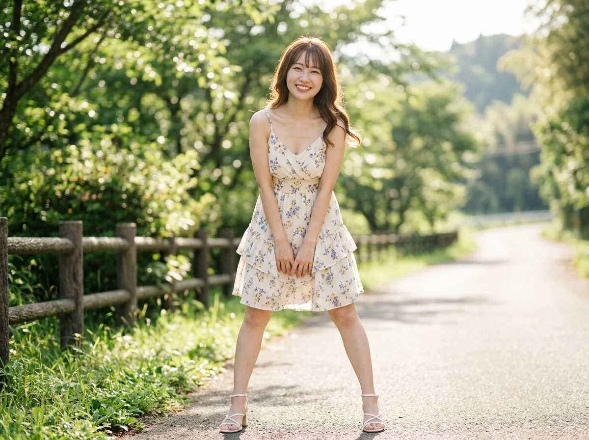 Komorebi floral dress・Backlit full body shot with bent knees and hands clasped on knees