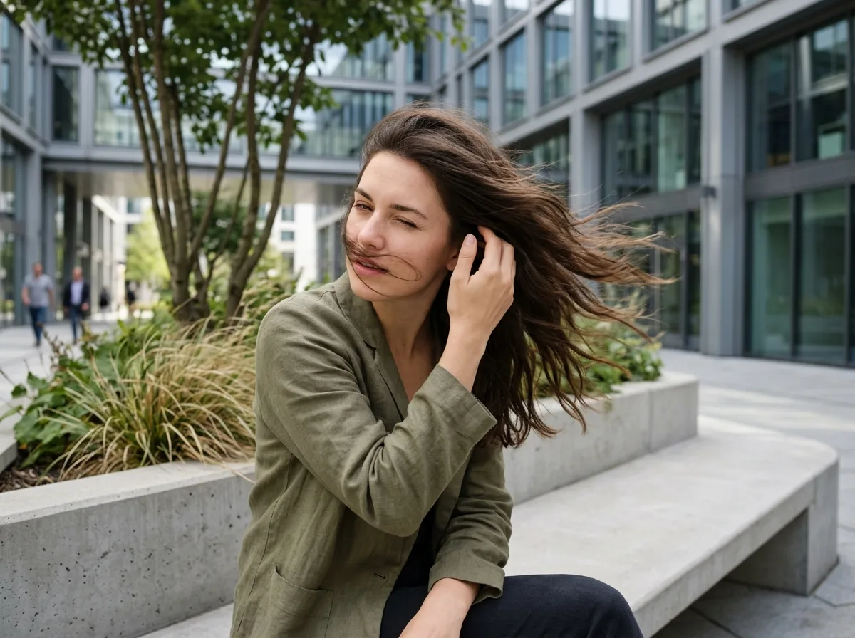 Hands: Brushing away hair blown by the wind