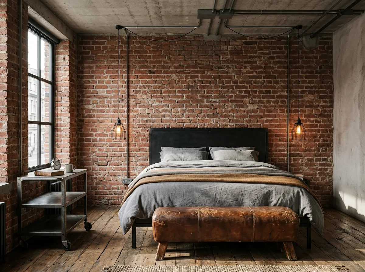 Industrial Bedroom: Black Metal Bed Frame and Exposed Brick Wall