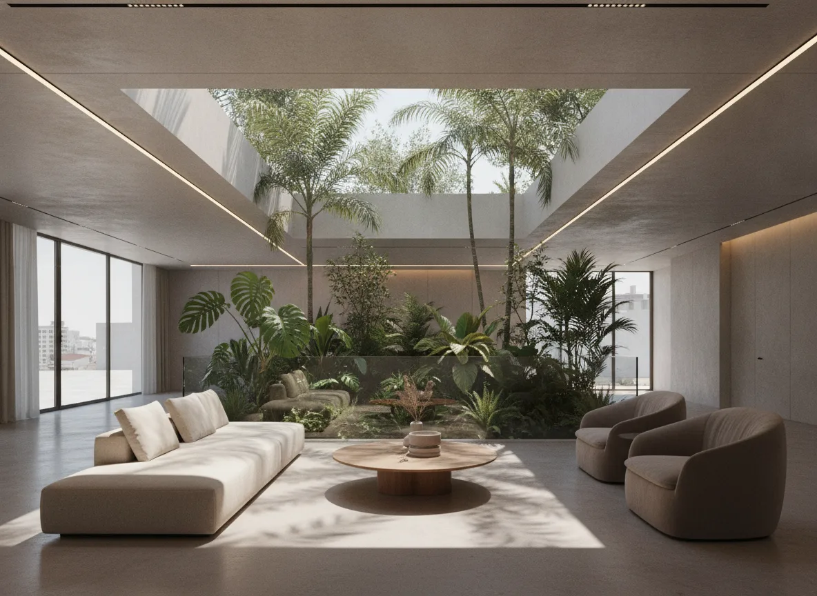 Lightwell Oasis Living Room: The Fusion of Nature and Technology