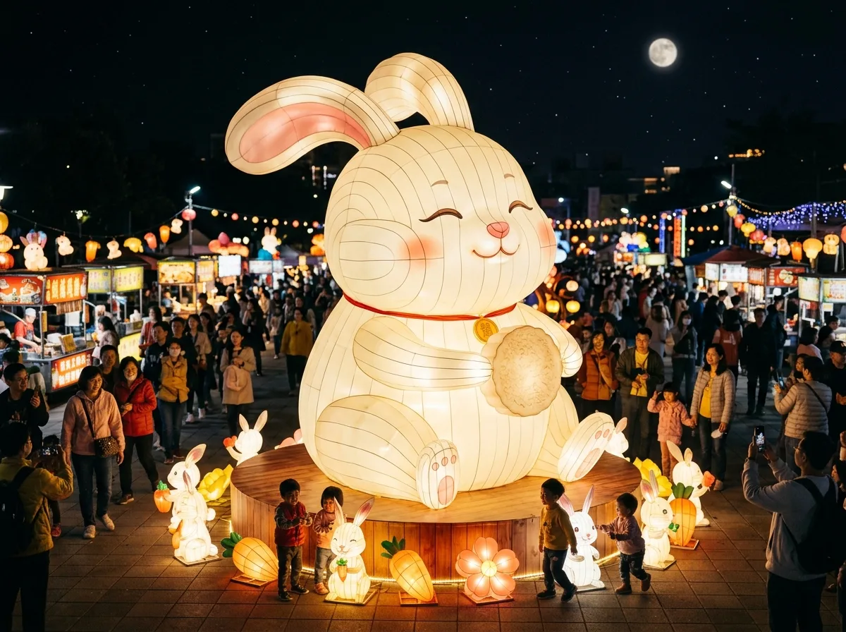 Year of the Rabbit Main Lantern・Cartoon Style: Round and Jade Rabbit Holding a Mooncake