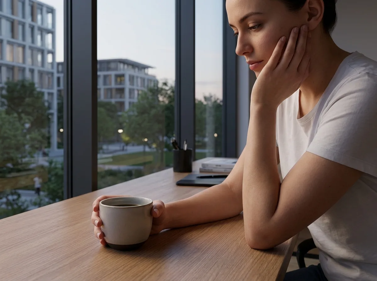 Sitting pose: Holding a cup in one hand or resting elbow on the table
