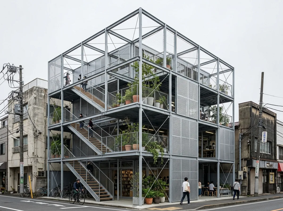 Multi-layered Open Small Cultural Facility: Metal Shelving and Gaps