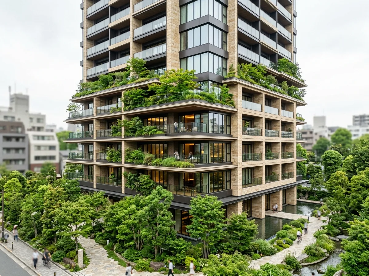 Eco-Luxury Residence: Japanese Contemporary with Green Terraces and Warm Stone