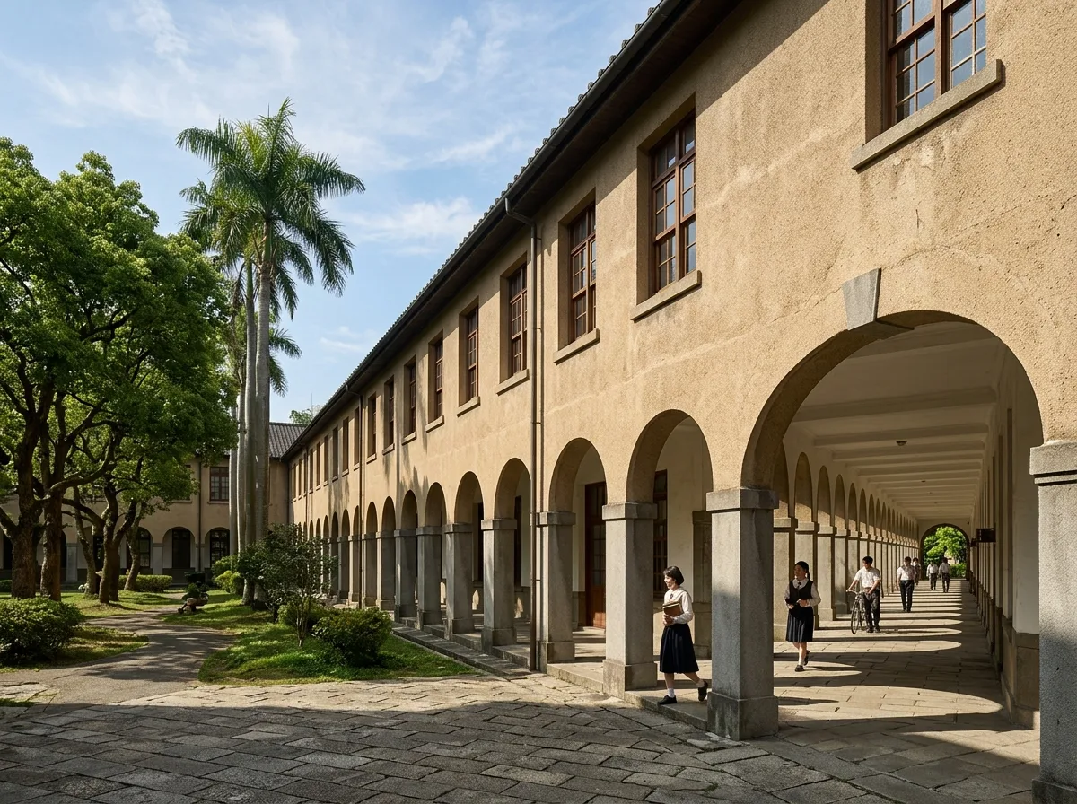 帝国大学校舎の洗い出しアーケード：連続アーチと熱帯の中庭