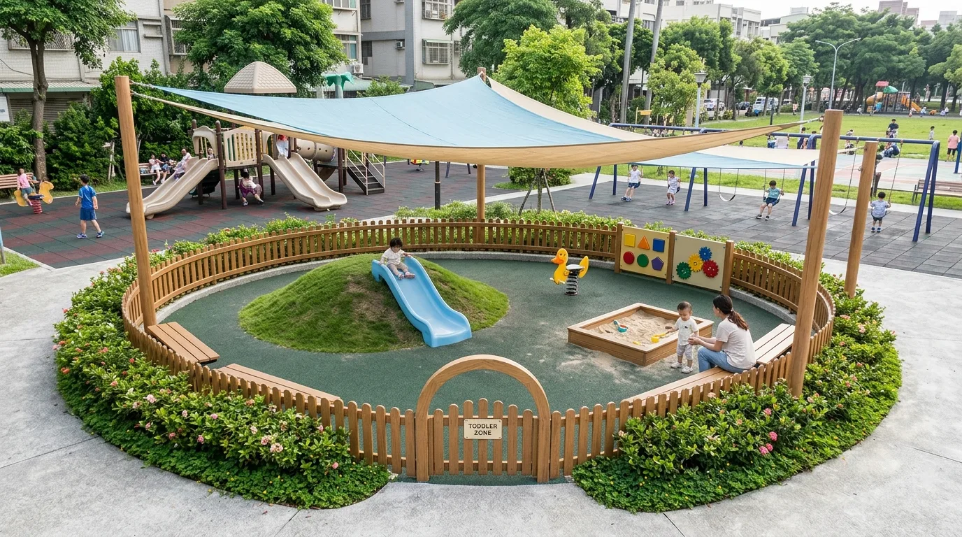 幼児向けエリア：低層遊具と囲まれた独立した空間