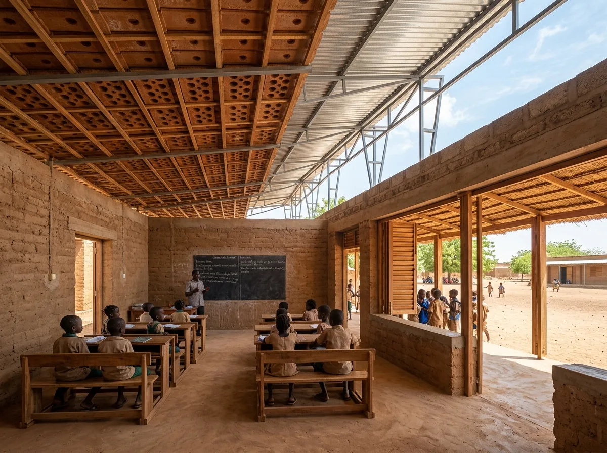 Earthen Wall Primary School Interior: Exposed Roof Trusses and Shaded Corridors