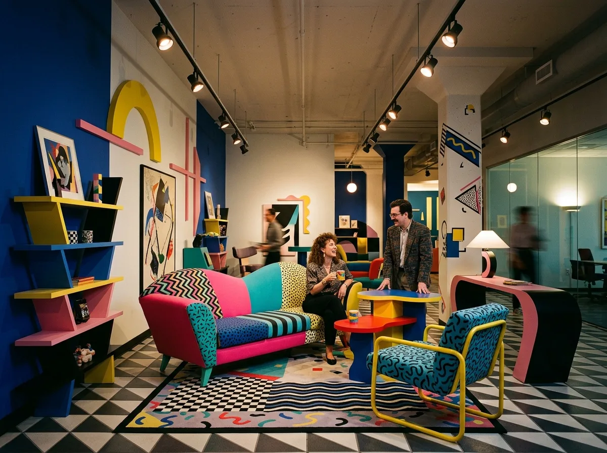 1980s Memphis Style Office Break Area: A Fantasy of Color and Geometry