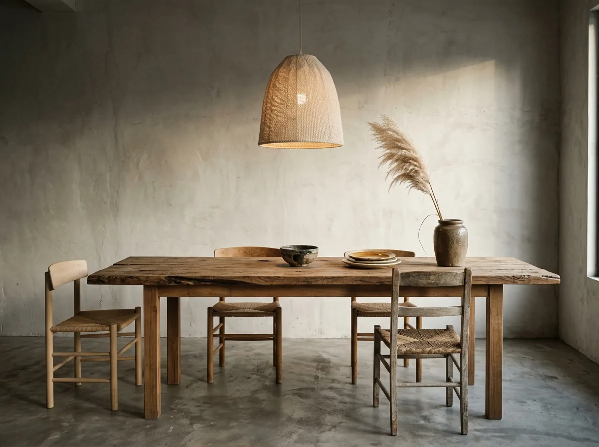 Wabi-Sabi Grey Dining Area: Long Table, Dry Branches, and a Ray of Light