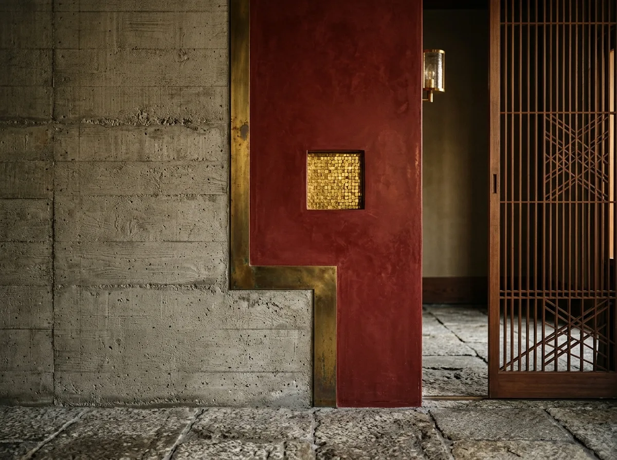 Juxtaposition of Materials: Concrete, Brass, Stucco & Oriental Influences